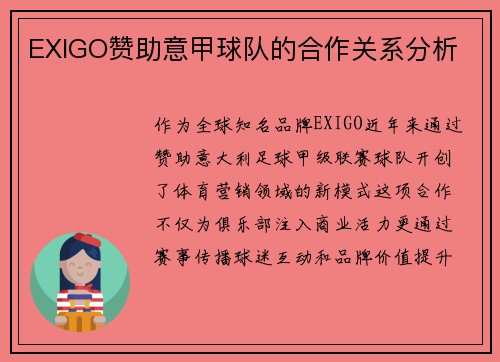 EXIGO赞助意甲球队的合作关系分析