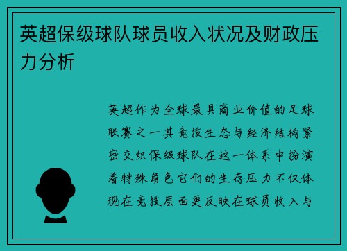 英超保级球队球员收入状况及财政压力分析